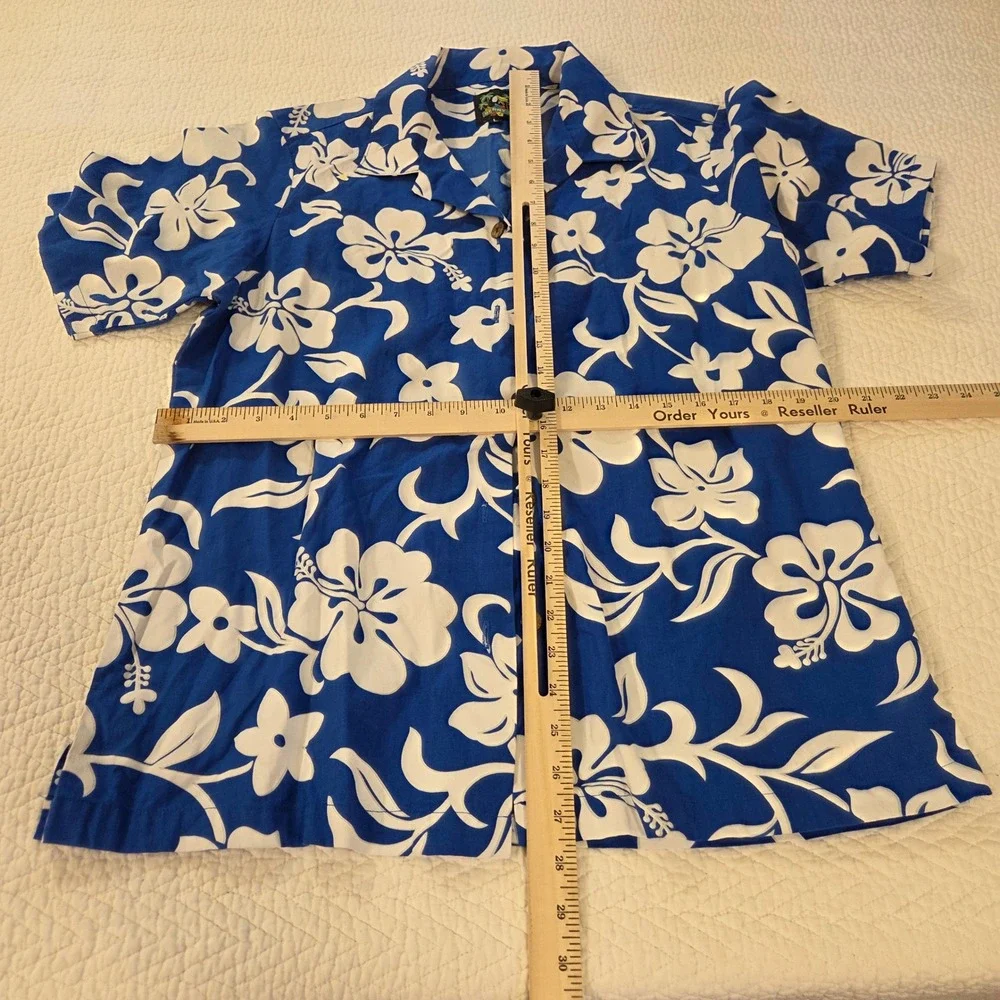 Benny's Mens Large Blue White Floral Hibiscus Hawaiian Aloha Button Up Shirt L